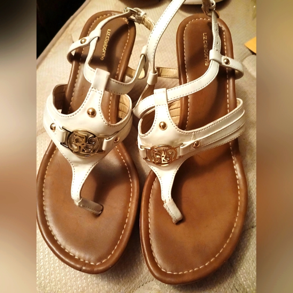 Liz claiborne wedge sandals size 9.5 white and brown.